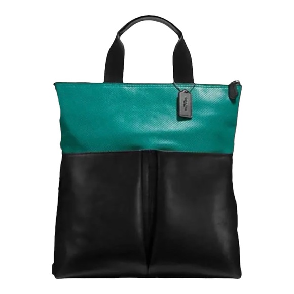 Coach Handbags - Coach Charles Perforated Leather Seagreen/Black Foldover Tote.